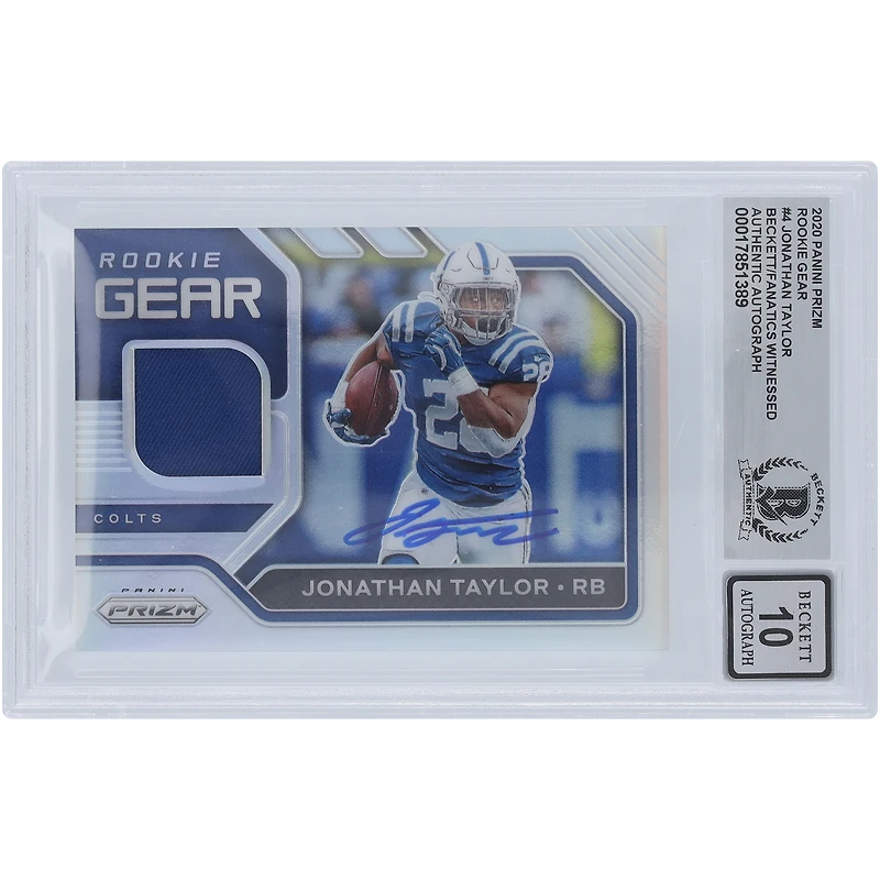Jonathan Taylor Indianapolis Colts Autographié 2020 Panini Prizm Rookie Gear Relic #4 Beckett Fanatics Witnessed Authenticated 10 Card