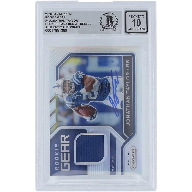 Jonathan Taylor Indianapolis Colts Autographié 2020 Panini Prizm Rookie Gear Relic #4 Beckett Fanatics Witnessed Authenticated 10 Card