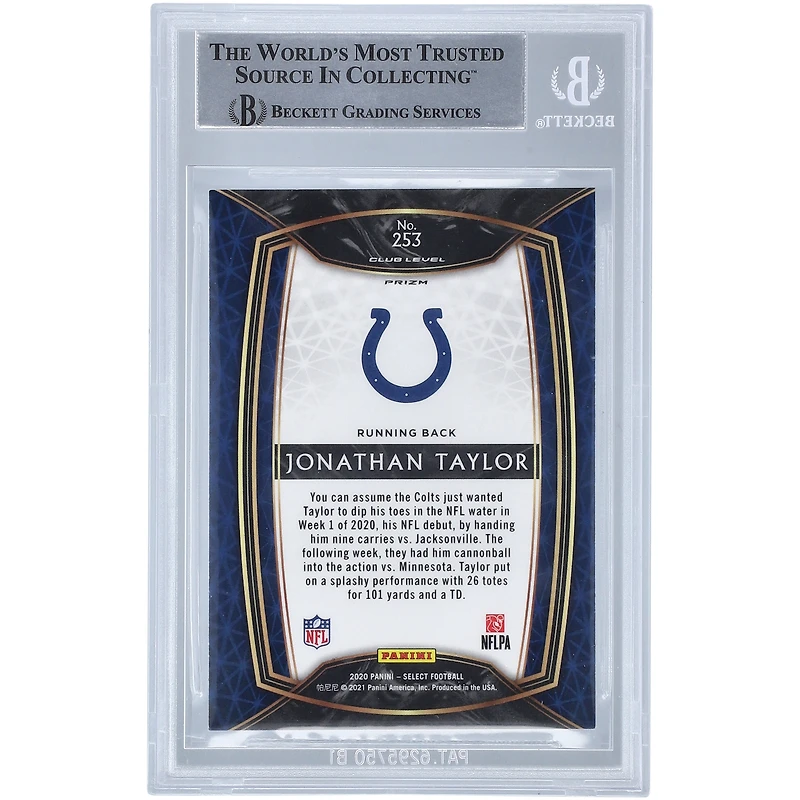 Carte de recrue authentifiée autographiée par Jonathan Taylor Indianapolis Colts 2020 Panini Select Club Level Silver Prizm #253 Beckett Fanatics