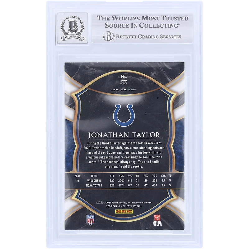 Jonathan Taylor Indianapolis Colts Autographié 2020 Panini Select #53 Beckett Fanatics Witnessed Authenticated 10 Rookie Card