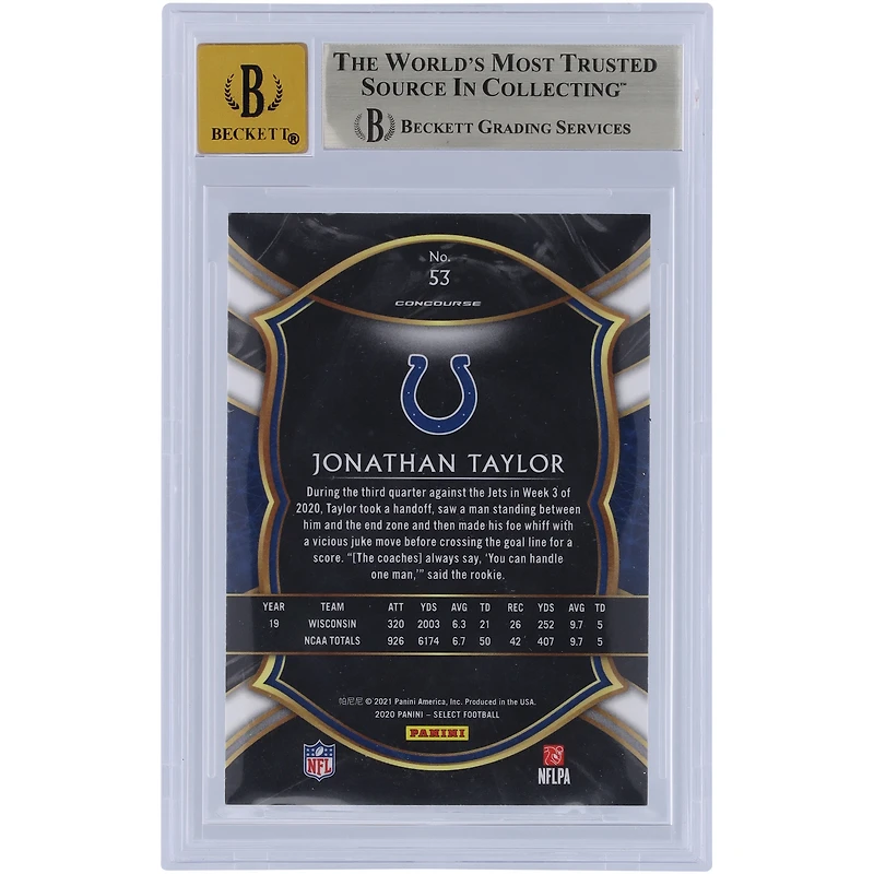 Jonathan Taylor Indianapolis Colts Autographié 2020 Panini Select #53 Beckett Fanatics Witnessed Authenticated 9.5/10 Rookie Card