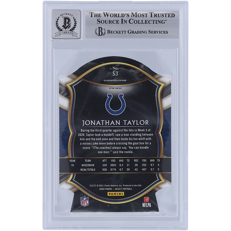 Jonathan Taylor Indianapolis Colts Autographed 2020 Panini Select Purple Prizm Die Cut #53 Beckett Fanatics Witnessed Authenticated 9/10 Rookie Card