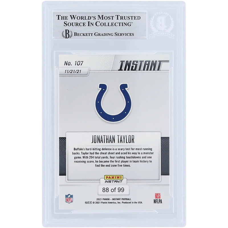 Jonathan Taylor Indianapolis Colts Autographed 2021 Panini Instant Fanatics Exclusive #107 #/99 Beckett Fanatics Witnessed Authenticated Card with "Horse Power" Inscription