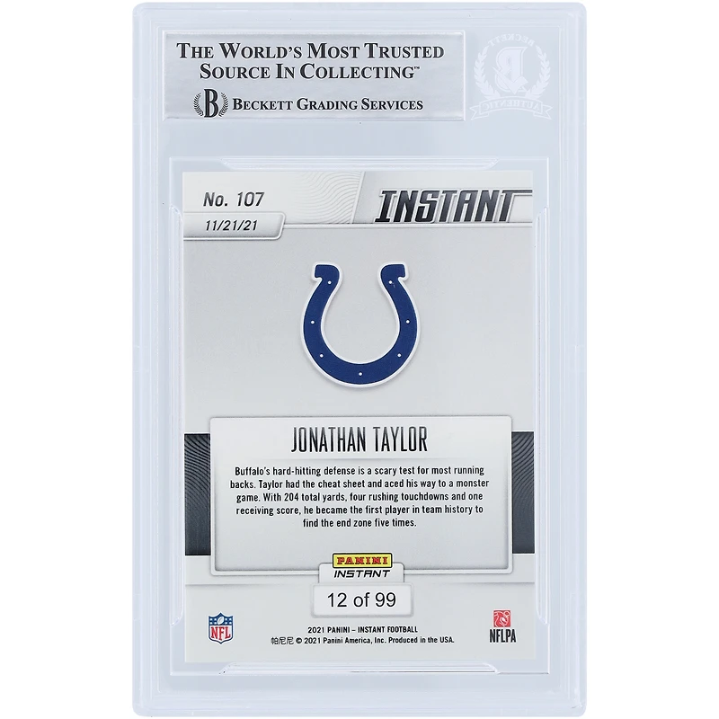 Jonathan Taylor Indianapolis Colts Carte authentifiée autographiée 2021 Panini Instant Fanatics Exclusive #107 #/99 Beckett Fanatics Witnessed