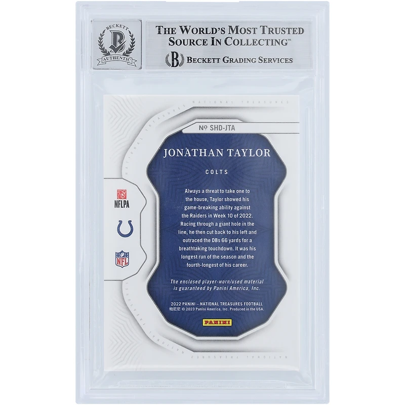 Jonathan Taylor Indianapolis Colts Autographed 2022 Panini National Treasures NFL Shield Relic #SHD-JTA #1/1 Beckett Fanatics Witnessed Authenticated 10 Card