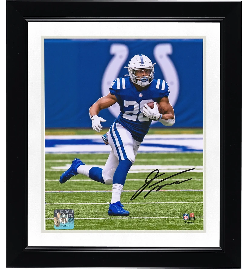 Photo de Jonathan Taylor, joueur des Indianapolis Colts, en train de courir, autographiée (8 x 10 pouces) avec son maillot royal