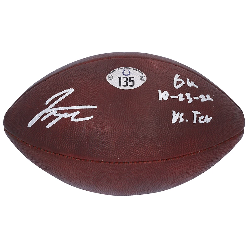 V106832 COLT Jonathan Taylor Ballon de football autographié Indianapolis Colts utilisé lors du match contre les Titans du Tennessee le 23 octobre 2022 avec l'inscription « Game Used » 28 Jonathan Taylor AUTGU FOOTBALL 45714 AUTGMUEQU GUFBFB7617