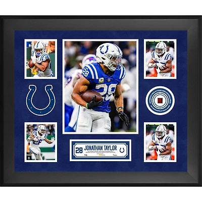 Collage encadré de 5 photos (51 x 61 cm) de Jonathan Taylor, joueur des Indianapolis Colts, avec un morceau de ballon de football utilisé en match - Édition limitée à 500 exemplaires