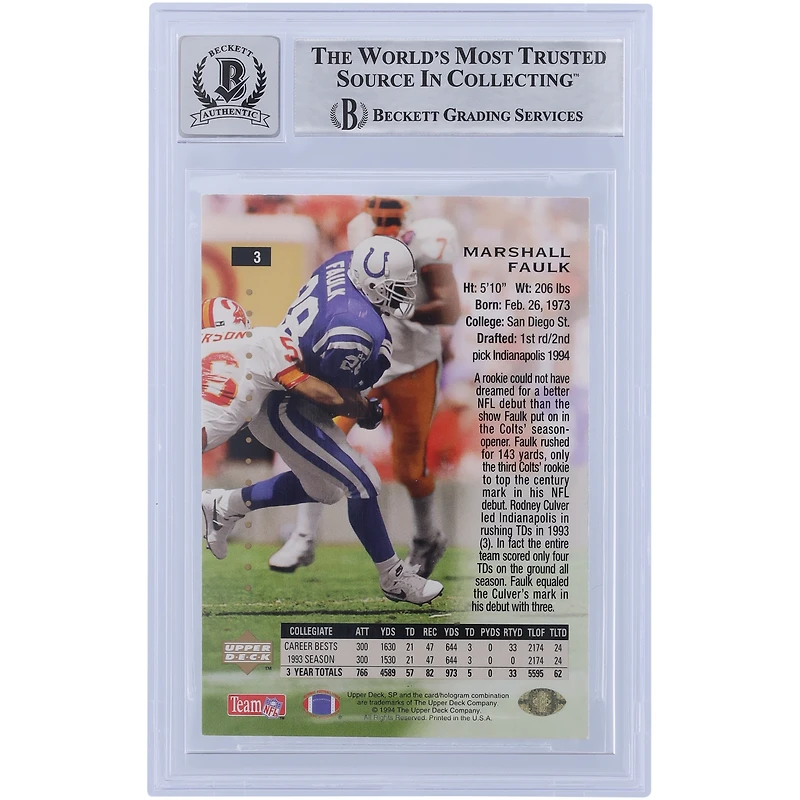 Marshall Faulk Indianapolis Colts Autographed 1994 Upper Deck SP #3 Beckett Fanatics Witnessed Authenticated 10 Rookie Card with "OROY 94" Inscription