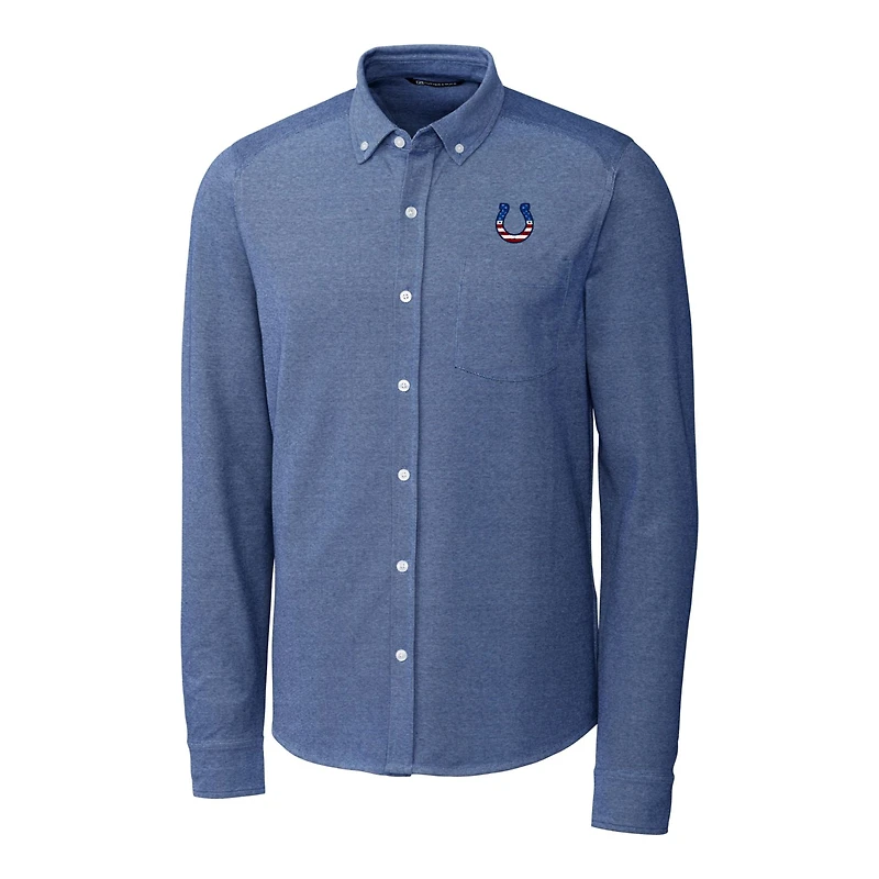 Men's Cutter & Buck Blue Indianapolis Colts Advantage Tri-Blend Pique Long Sleeve Button-Down Shirt