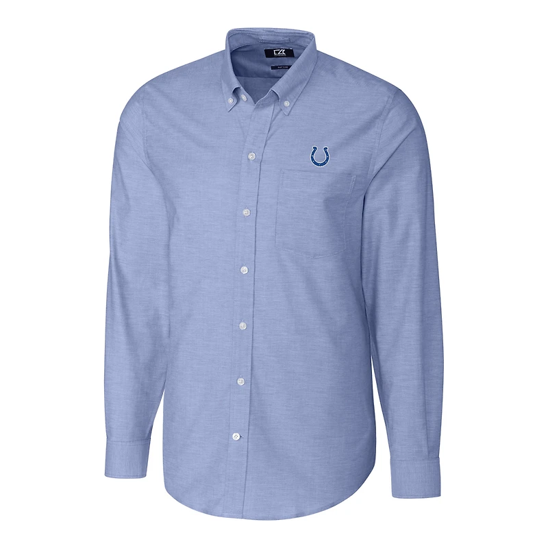 Chemise boutonnée à manches longues en tissu Oxford extensible bleu Indianapolis Colts pour homme, modèle Cutter & Buck, grande taille