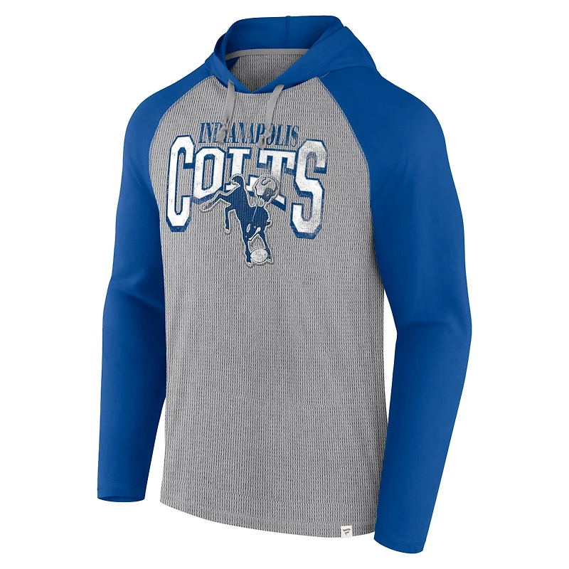 T-shirt à capuche manches longues Fanatics pour hommes gris/Royal Indianapolis Colts Under Center