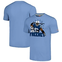 T-shirt triple mélange hommage à Dwight Freeney pour hommes, bleu clair, caricature des Colts d'Indianapolis, joueur retraité