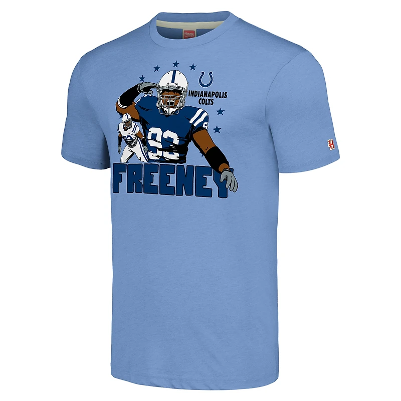 T-shirt triple mélange hommage à Dwight Freeney pour hommes, bleu clair, caricature des Colts d'Indianapolis, joueur retraité