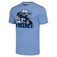 T-shirt triple mélange hommage à Dwight Freeney pour hommes, bleu clair, caricature des Colts d'Indianapolis, joueur retraité