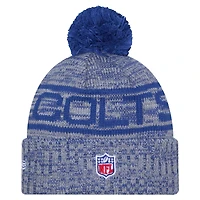 Bonnet d'hiver à revers New Era Royal Indianapolis Colts 2025 Sideline pour homme, avec pompon