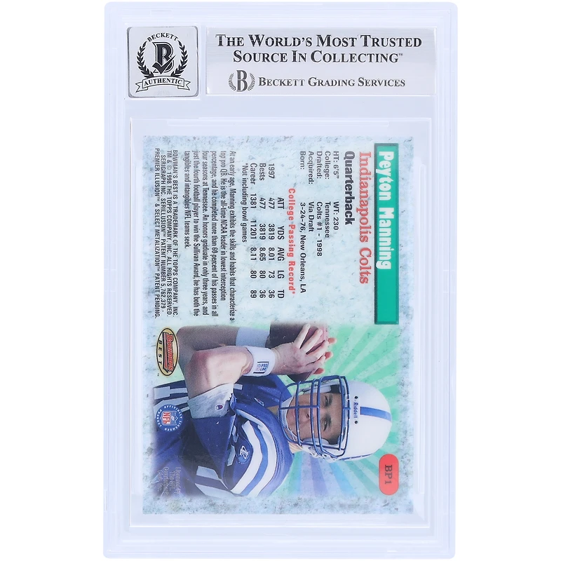Peyton Manning Indianapolis Colts Autographed 1998 Bowman's Best Performers #BP1 Beckett Fanatics Witnessed Authenticated 10 Rookie Card