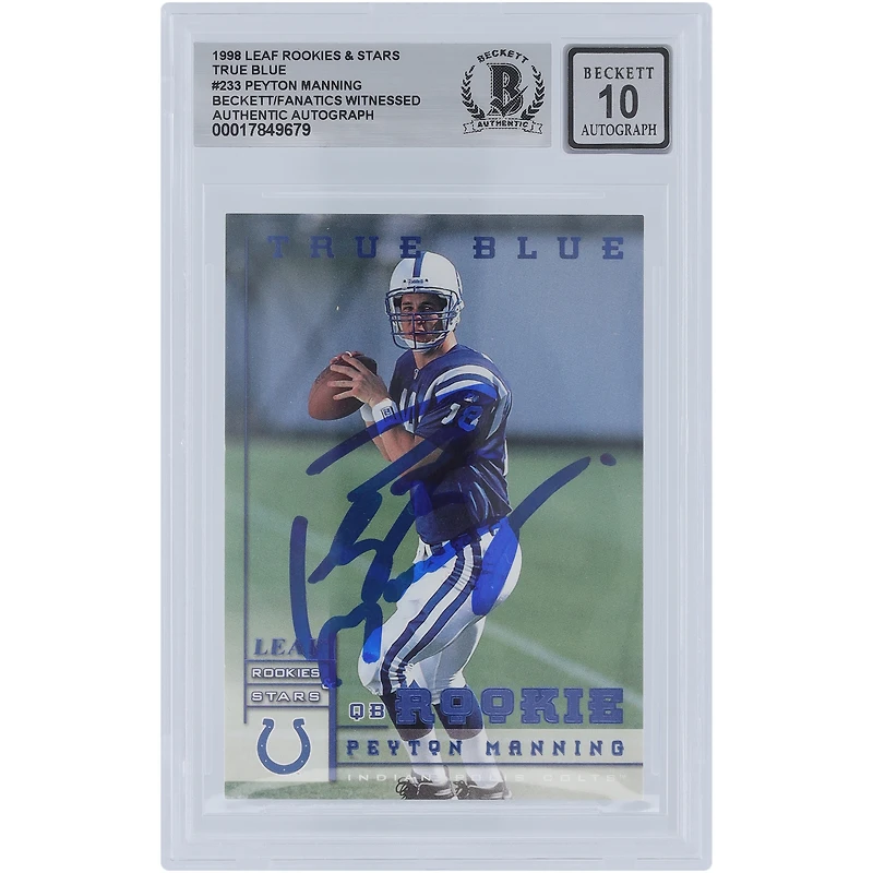 Carte de recrue authentique numéro 233 des Leaf Rookies & Stars de 1998 signée Peyton Manning par les Indianapolis Colts, signée Beckett Fanatics.