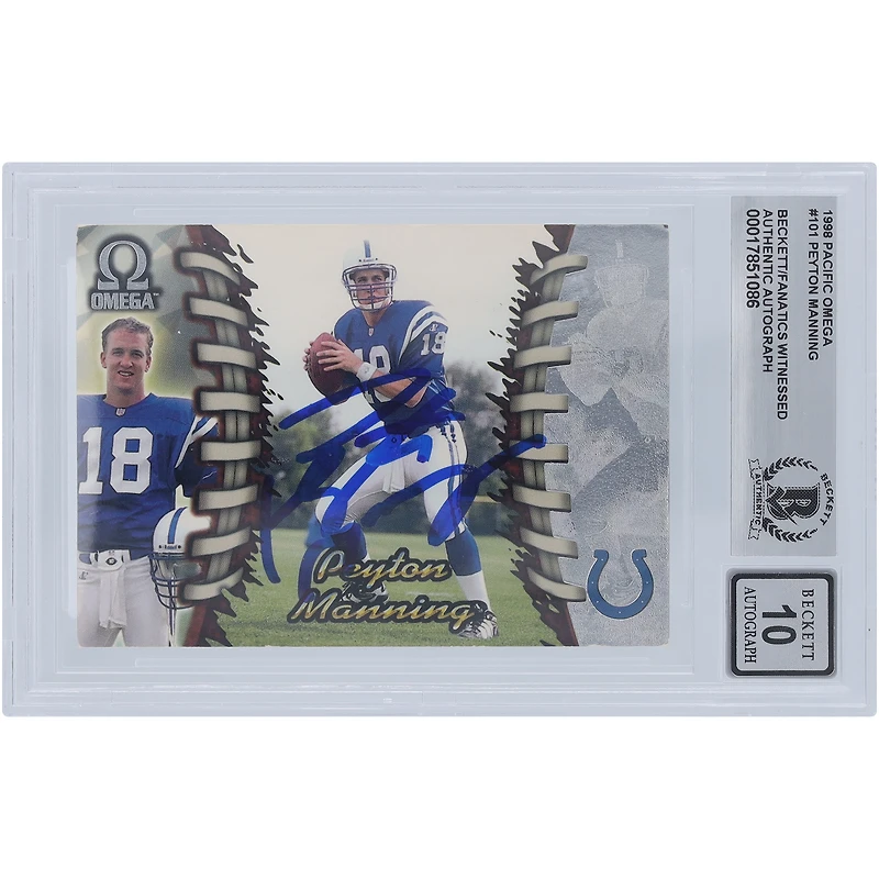 Carte de recrue authentifiée 10 de Beckett, signée Peyton Manning Indianapolis Colts, Pacific Omega n° 101, 1998, par les fanatiques d'Indianapolis