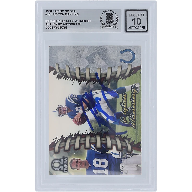 Carte de recrue authentifiée 10 de Beckett, signée Peyton Manning Indianapolis Colts, Pacific Omega n° 101, 1998, par les fanatiques d'Indianapolis
