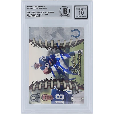 Carte de recrue authentifiée 10 de Beckett, signée Peyton Manning Indianapolis Colts, Pacific Omega n° 101, 1998, par les fanatiques d'Indianapolis