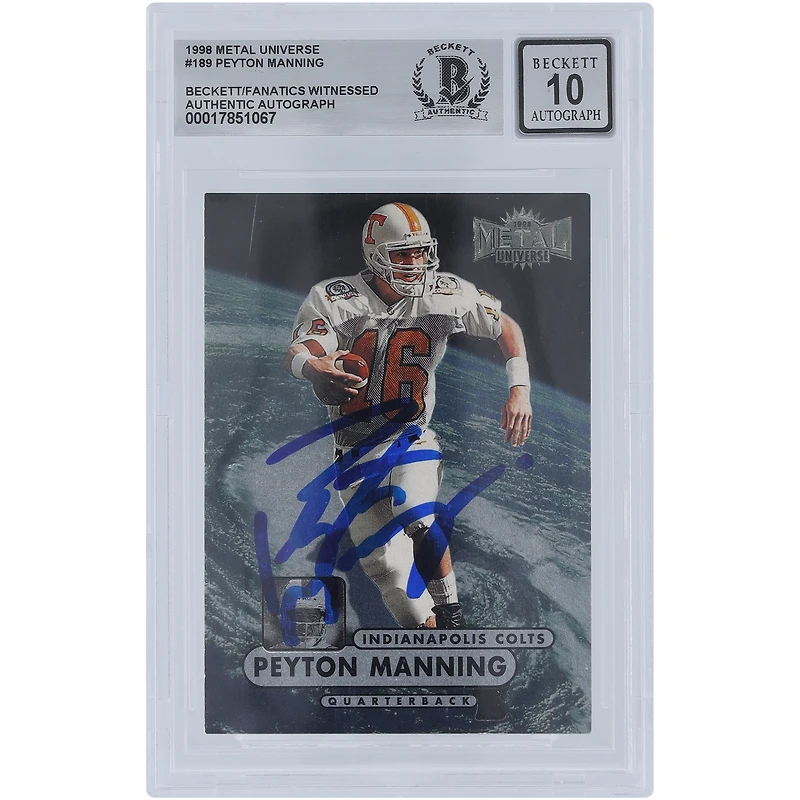 Peyton Manning Indianapolis Colts Autographié 1998 Skybox Metal Universe #189 Beckett Fanatics Witnessed Authenticated 10 Card