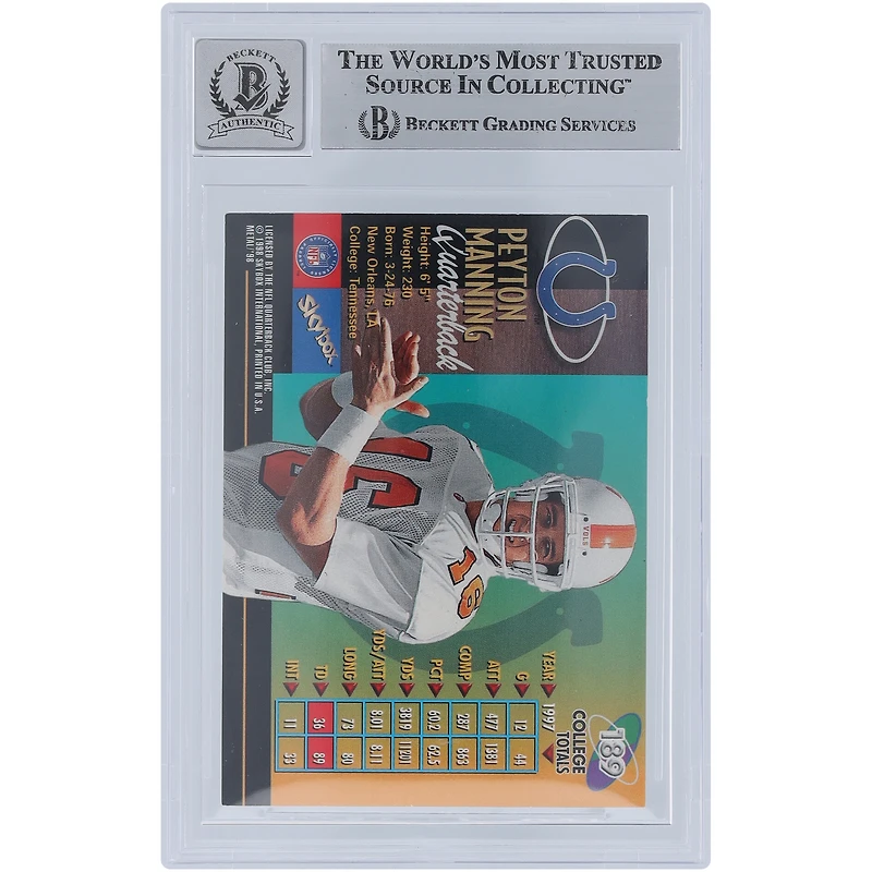Peyton Manning Indianapolis Colts Autographed 1998 Skybox Metal Universe #189 Beckett Fanatics Witnessed Authenticated 10 Card