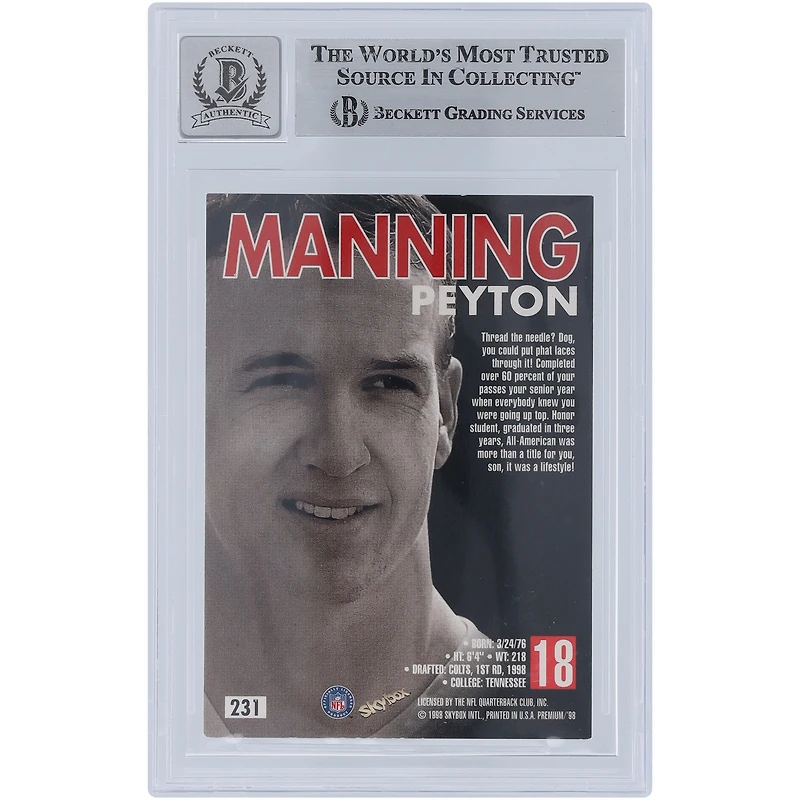 Carte de recrue autographiée par Peyton Manning Indianapolis Colts 1998 Skybox Premium #231 Beckett Fanatics Witnessed Authenticated 10 Rookie