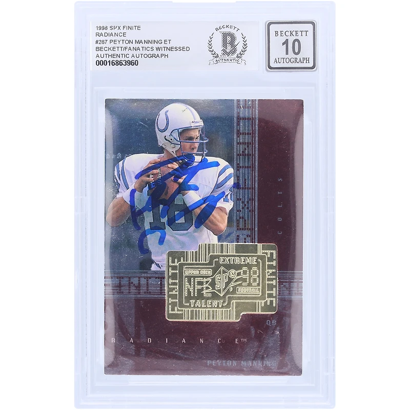Peyton Manning Indianapolis Colts dédicacé 1998 Upper Deck SPX Finite Radiance #287 #1043/3600 Beckett Fanatics témoin authentifié 10 Rookie Card