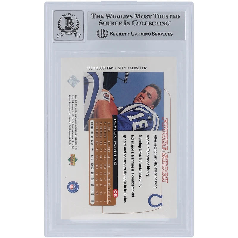 Peyton Manning Indianapolis Colts Autographié 1998 Upper Deck UD3 Future Shock Light Blue Ink #FS1 Beckett Fanatics Witnessed Authenticated 10 Rookie Card