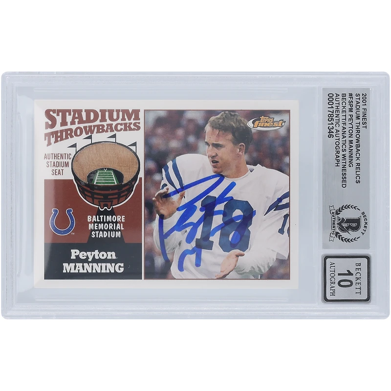 Carte rétro autographiée de 2001 Topps Finest Stadium #FS-PM de Peyton Manning, Indianapolis Colts, carte authentique de 10 ans, vue par les fans de Beckett