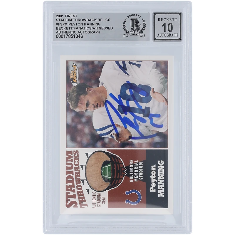 Carte rétro autographiée de 2001 Topps Finest Stadium #FS-PM de Peyton Manning, Indianapolis Colts, carte authentique de 10 ans, vue par les fans de Beckett