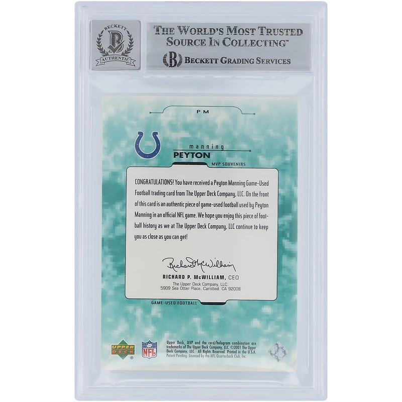 Peyton Manning Indianapolis Colts Autographié 2001 Upper Deck MVP Souvenirs GU Relic #PM Beckett Fanatics Witnessed Authenticated 10 Card