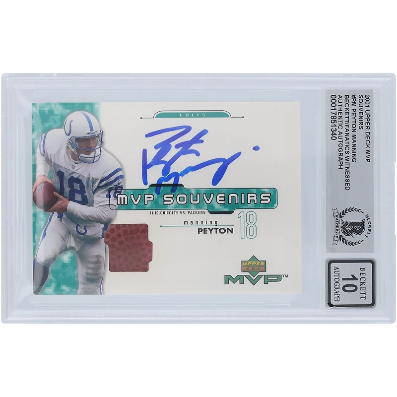 Peyton Manning Indianapolis Colts Autographié 2001 Upper Deck MVP Souvenirs GU Relic #PM Beckett Fanatics Witnessed Authenticated 10 Card