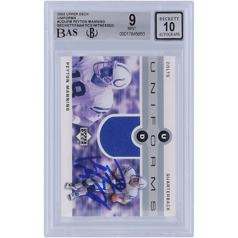 Carte 9/10 authentifiée signée par Peyton Manning des Indianapolis Colts, uniforme Upper Deck 2002, numéro UDU-PM, vue par les fanatiques de Beckett