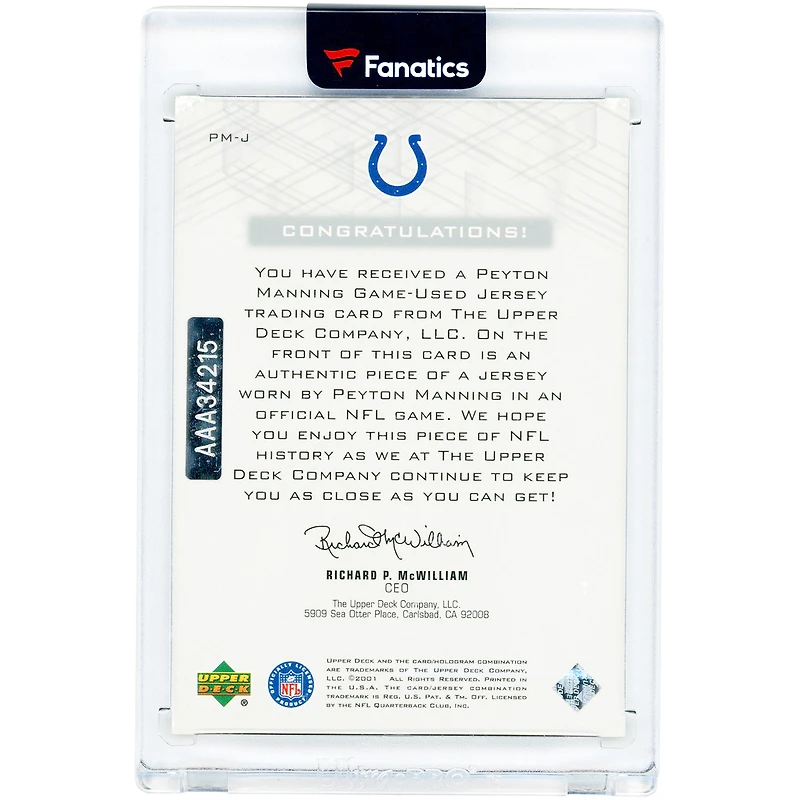 Carte Peyton Manning, Indianapolis Colts, autographiée, collection Upper Deck Ultimate '01 UD Pros & Prospects, maillot porté en match, relique, rachat #PM-J #18/29