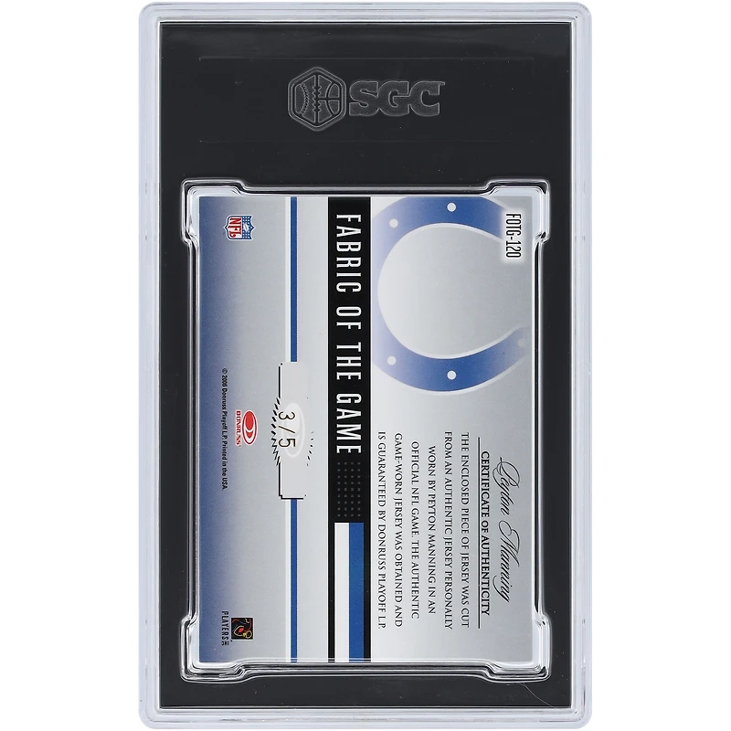 V106832 COLT Peyton Manning Indianapolis Colts Autographié 2006 Donruss Leaf Matériaux certifiés Logo de l'équipe Tissu du jeu Relique Autographe #FOTG-120 #3/5 SGC Authentifié 9/10 Carte Peyton Manning AUT DNS TRADING CARDS 45853 AUTTRC CA01F08239