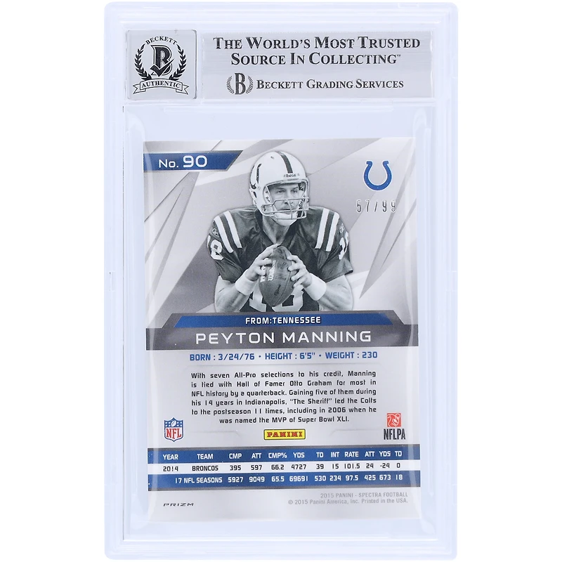Peyton Manning Indianapolis Colts Autographed 2015 Panini Spectra #90 #/99 Beckett Fanatics Witnessed Authenticated 10 Card