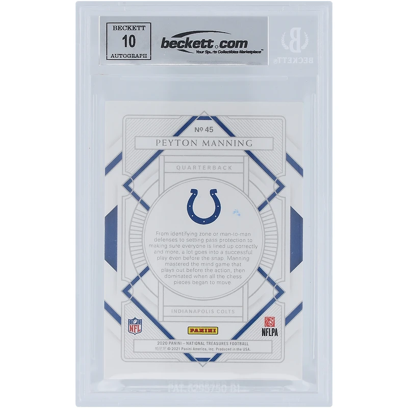 Peyton Manning Indianapolis Colts Autographed 2020 Panini National Treasures #45 #/99 Beckett Fanatics Witnessed Authenticated 10 Card