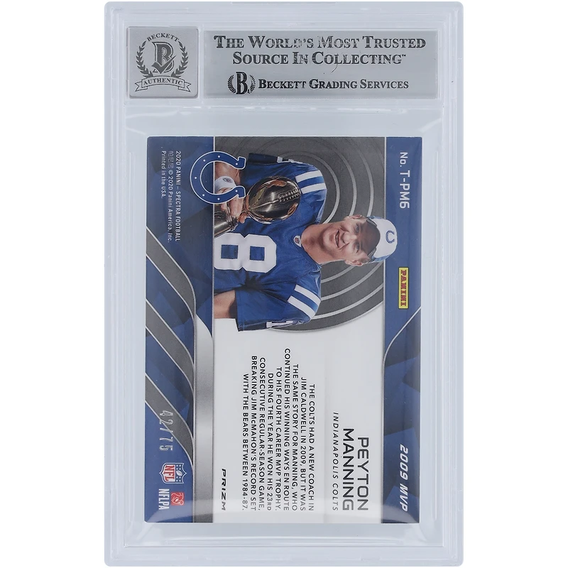 Peyton Manning Indianapolis Colts Autographed 2020 Panini Spectra Hyper Tribute 2009 MVP #T-PM6 #/75 Beckett Fanatics Witnessed Authenticated 10 Card
