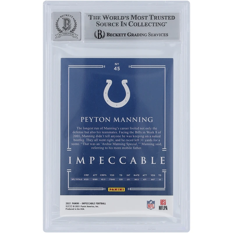 Peyton Manning Indianapolis Colts Autographié 2021 Panini Impeccable Bronze #45 #/35 Beckett Fanatics Witnessed Authenticated 10 Card