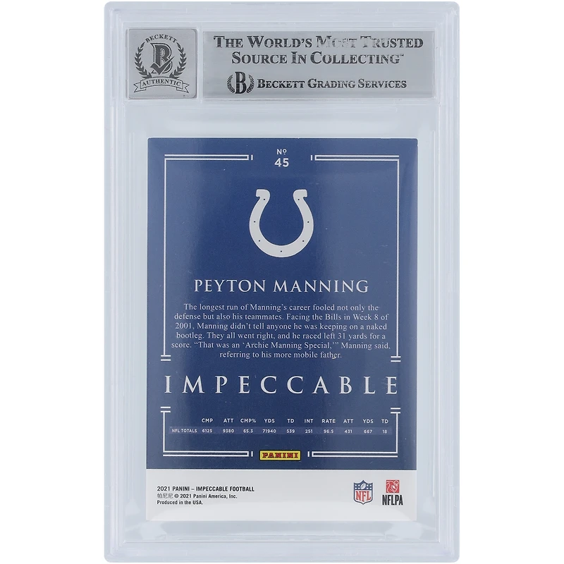 Peyton Manning Indianapolis Colts Autographed 2021 Panini Impeccable Silver #45 #/50 Beckett Fanatics Witnessed Authenticated 10 Card