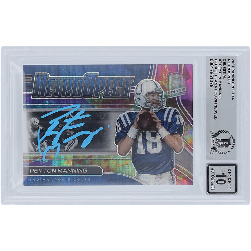 Carte Panini Spectra Retrospect 2021 autographiée par Peyton Manning Indianapolis Colts, bleu ciel céleste, encre #RS-PM #/99, Beckett Fanatics, témoin, authentifiée, 10 cartes