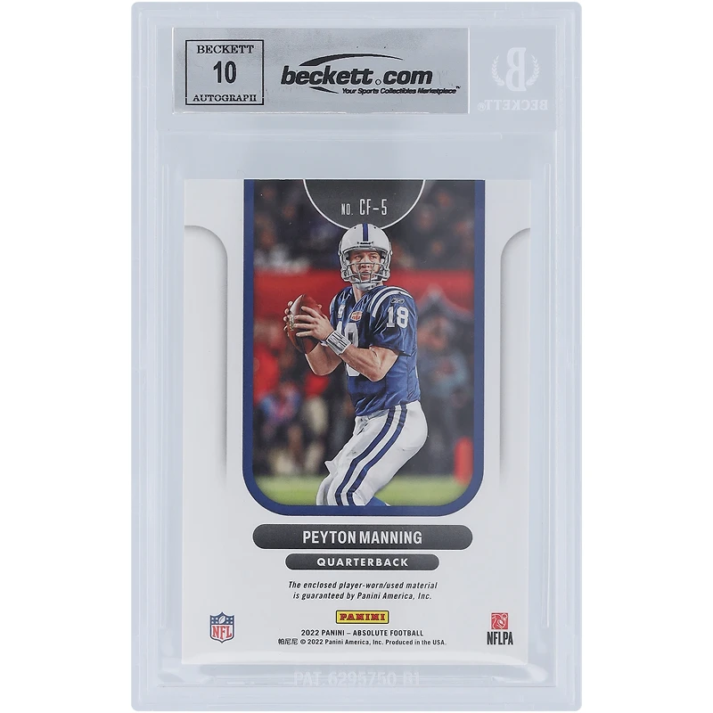 Peyton Manning Indianapolis Colts Autographed 2022 Panini Absolute Championship Fabric Relic #CF-5 Beckett Fanatics Witnessed Authenticated 10 Card