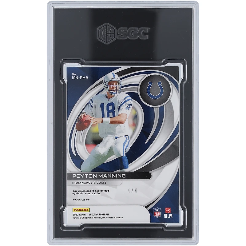 Carte Panini Spectra Psychedelic Prizm Icons 2022 autographiée par Peyton Manning Indianapolis Colts #ICN-PMA #4/4 SGC authentifiée 9/10