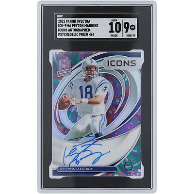 Carte Panini Spectra Psychedelic Prizm Icons 2022 autographiée par Peyton Manning Indianapolis Colts #ICN-PMA #4/4 SGC authentifiée 9/10