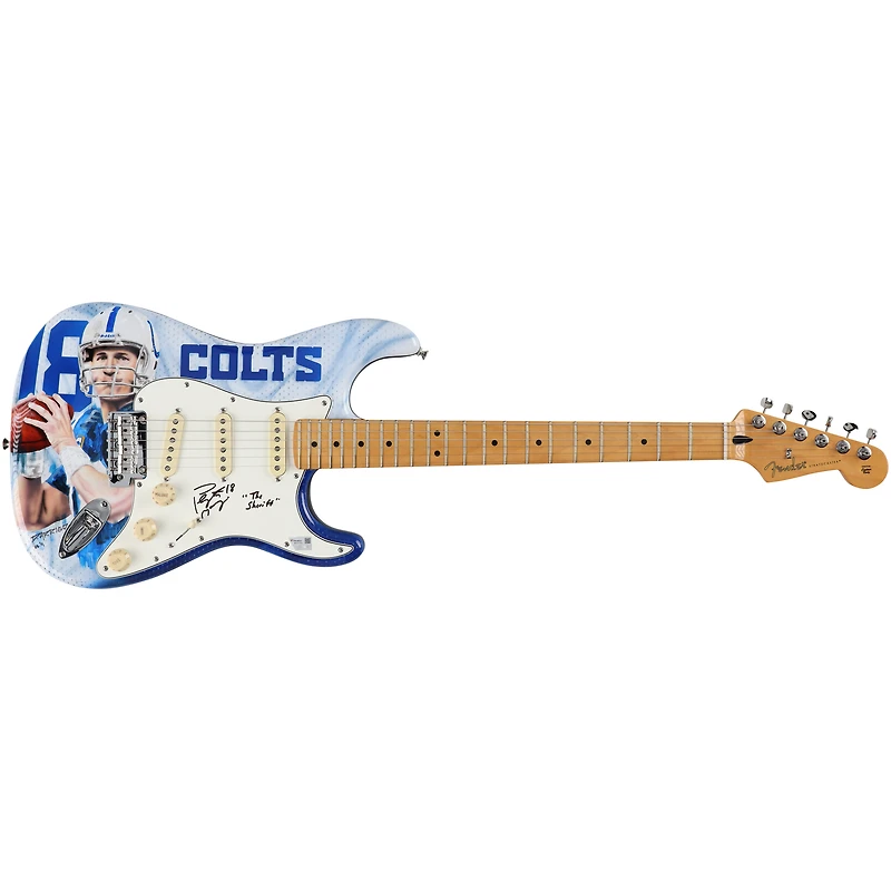 Guitare Fender Stratocaster autographiée par Peyton Manning (Indianapolis Colts) avec inscription « The Sheriff » - Illustration de David Arrigo - Édition limitée n° 1/1