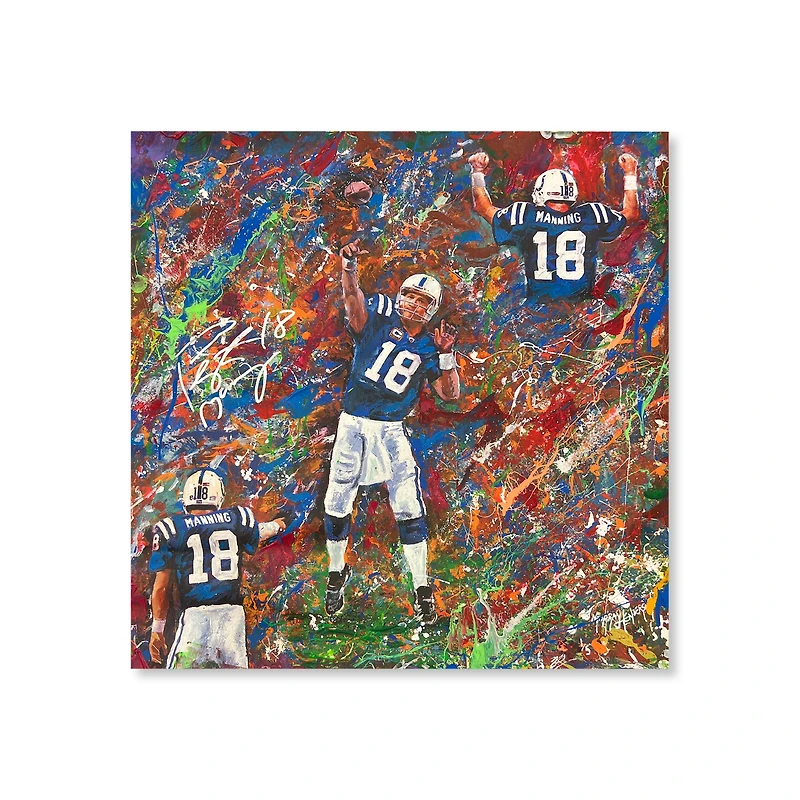 Peyton Manning, joueur des Indianapolis Colts, autographié et imprimé sur toile tendue (71 x 71 cm) avec embellissements - Illustration de Murray Henderson - Exemplaire n° 1 d'une édition limitée à 5 exemplaires