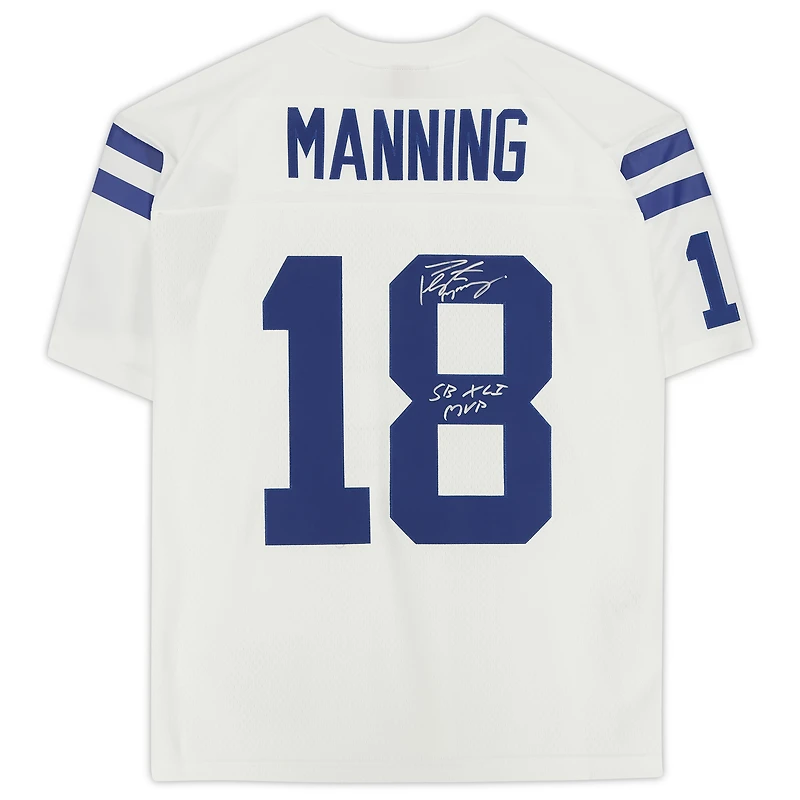 Maillot blanc Mitchell & Ness Legacy autographié par Peyton Manning des Indianapolis Colts avec inscription « SB XLI MVP »