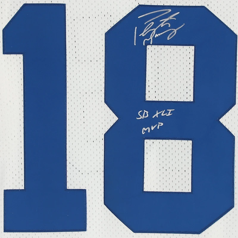 Maillot authentique Mitchell & Ness blanc autographié par Peyton Manning (Indianapolis Colts) lors du Super Bowl, avec inscription « SB XLI MVP ».
